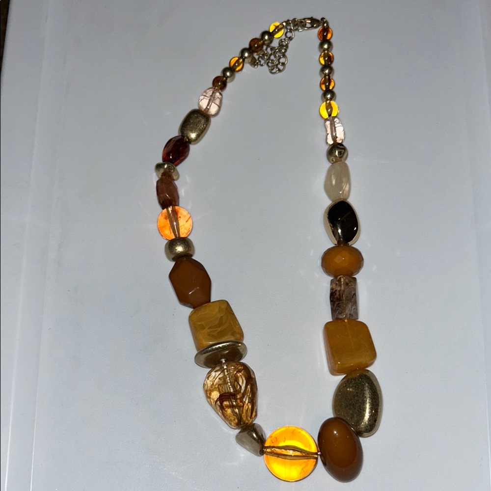Gold and Brown Beaded Necklace with Amber Hues